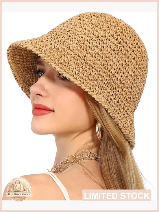 Women Sun Hat Hand-Woven Packable Beach Bucket Hat Floppy UV Protection main image 7